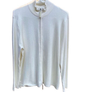 White Knit Full Zip Mock Neck‎ Sweater, Casual Lightweight Layering